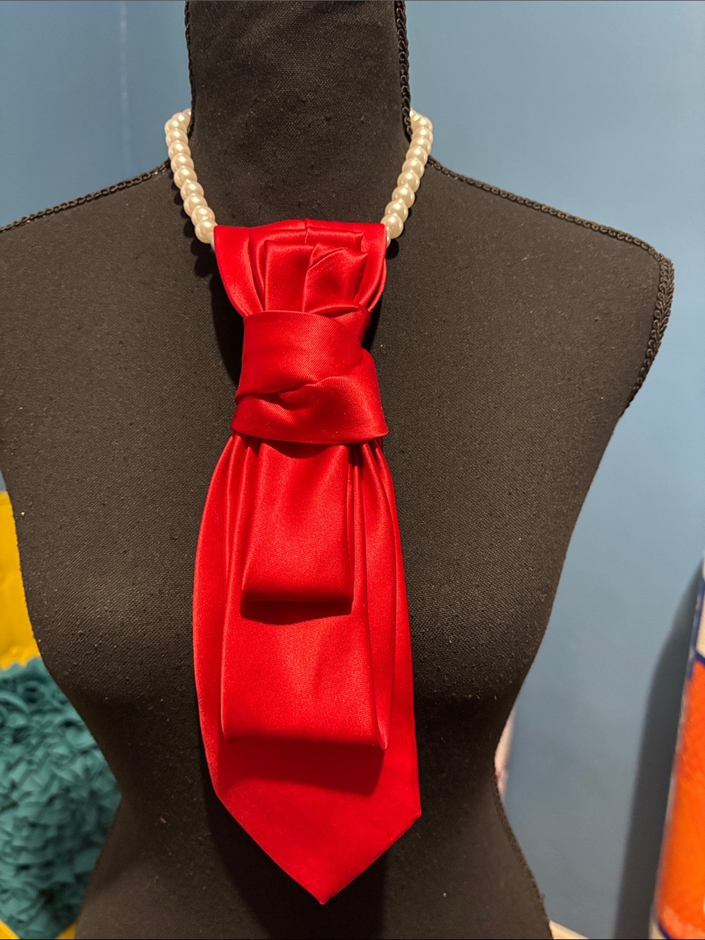 Haggar Red Satin Bow Necklace with Pearl Strand